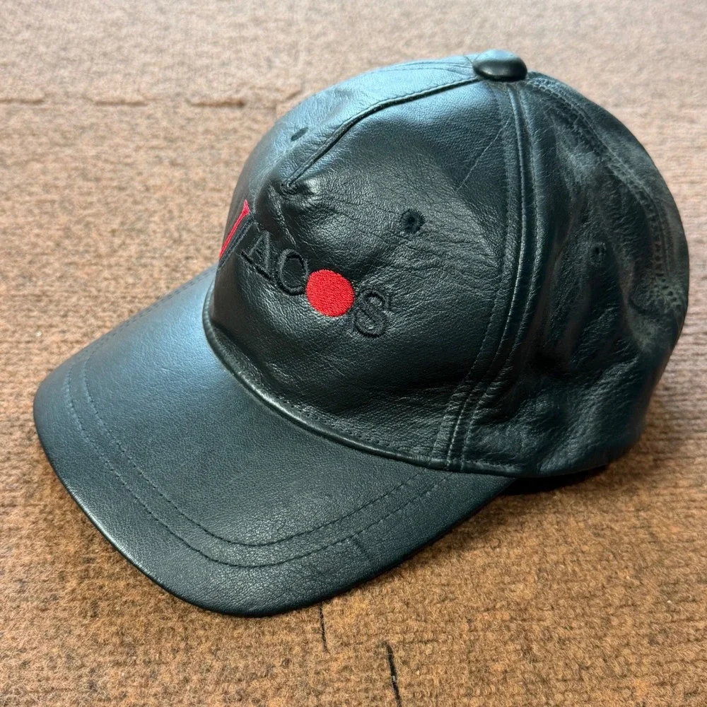 AJM International Black Leather Baseball Cap Jacos Embroidered Logo Hat 0850/8M